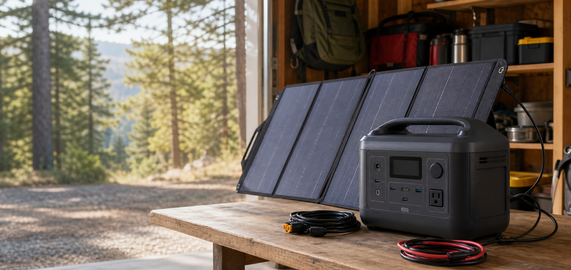 Portable solar panel and power station on a practical work surface